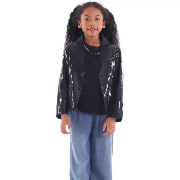 WELAKEN Girls Sequin Blazers Jacket Long Sleeve Notched Lapel Button Down Suit Coat with PocketsBlack