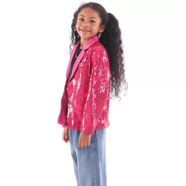 WELAKEN Girls Sequin Blazers Jacket Long Sleeve Notched Lapel Button Down Suit Coat with PocketsHot Pink