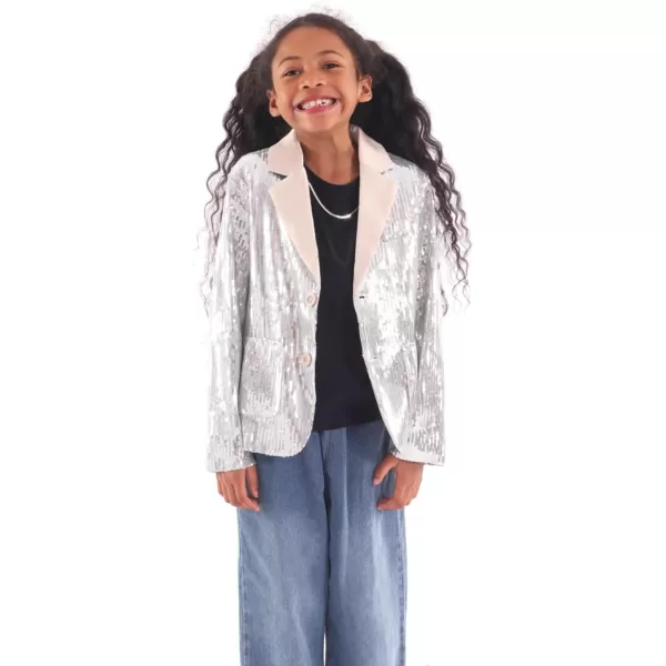 WELAKEN Girls Sequin Blazers Jacket Long Sleeve Notched Lapel Button Down Suit Coat with PocketsSilver