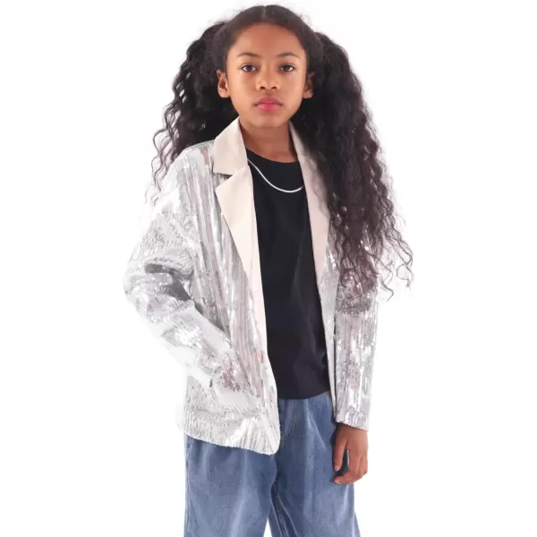 WELAKEN Girls Sequin Blazers Jacket Long Sleeve Notched Lapel Button Down Suit Coat with PocketsSilver