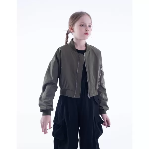 WELAKEN Lightweight Multiple Pockets Zip Up Bomber Jacket for Girls Toddler ampamp Kids II Little Girls Casual Flight Crop JacketFlight olive Green
