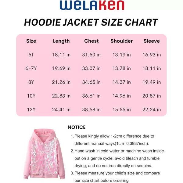 WELAKEN Sequin Hooded Jacket for Girls Kids Full Zip Casual Outerwear JacketPink