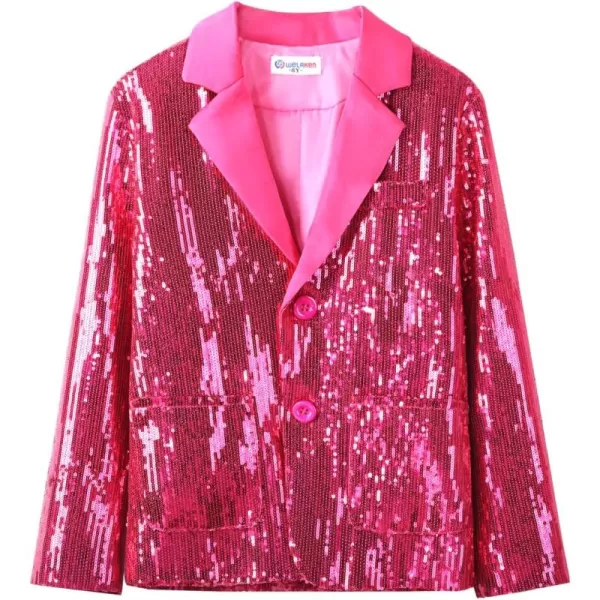 WELAKEN Girls Sequin Blazers Jacket Long Sleeve Notched Lapel Button Down Suit Coat with PocketsHot Pink