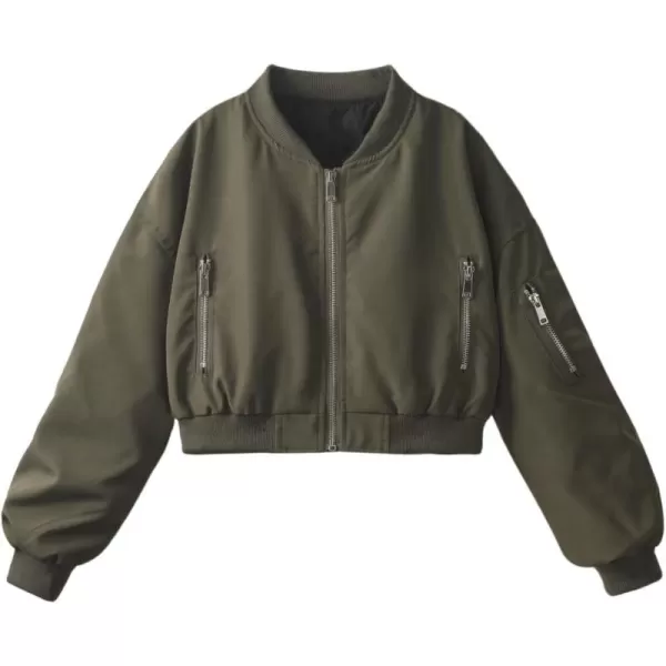 WELAKEN Lightweight Multiple Pockets Zip Up Bomber Jacket for Girls Toddler ampamp Kids II Little Girls Casual Flight Crop JacketFlight olive Green