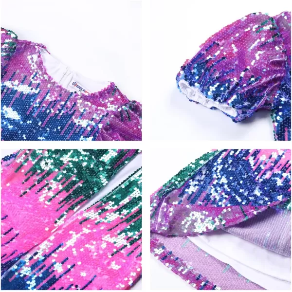 WELAKEN Girls Ombre Sequin Dress Sparkly Fancy Short Puff Sleeves Gradient Party DressGradient blue