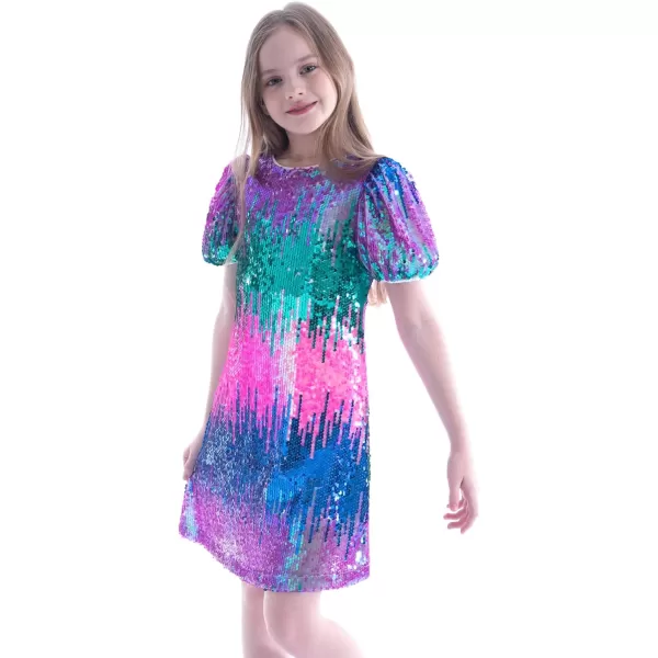 WELAKEN Girls Ombre Sequin Dress Sparkly Fancy Short Puff Sleeves Gradient Party DressGradient blue