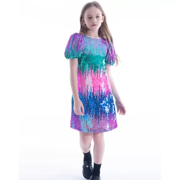 WELAKEN Girls Ombre Sequin Dress Sparkly Fancy Short Puff Sleeves Gradient Party DressGradient blue