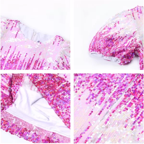 WELAKEN Girls Ombre Sequin Dress Sparkly Fancy Short Puff Sleeves Gradient Party DressGradient hot Pink