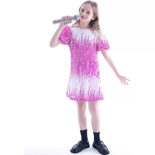 WELAKEN Girls Ombre Sequin Dress Sparkly Fancy Short Puff Sleeves Gradient Party DressGradient hot Pink