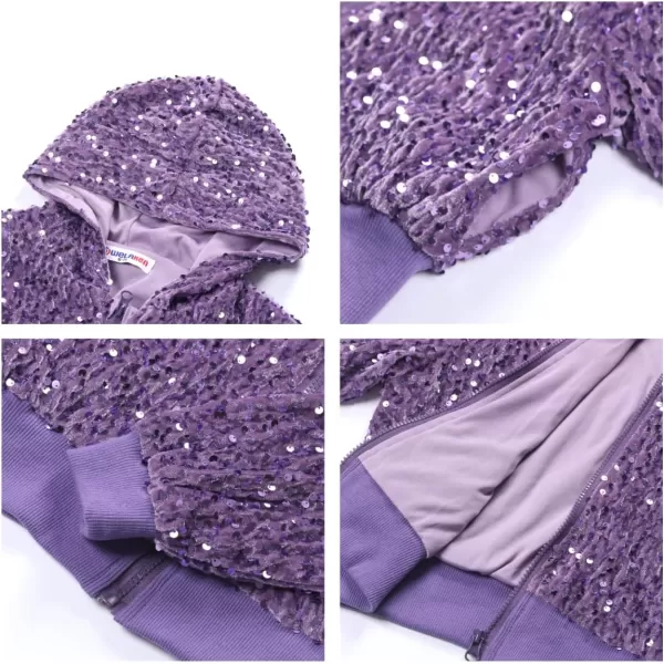 WELAKEN Girls Sequin Jacket for Kids Glitter Long Sleeve Zipper Cropped Bomber JacketPurple