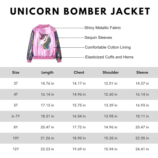 WELAKEN Uniocrn Bomber Jacket With Sparkly Sleeve For Girls Toddler ampamp Kids Sequin Lightweight Flight JacketPink
