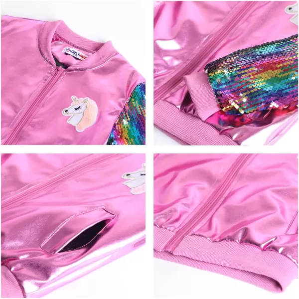 WELAKEN Uniocrn Bomber Jacket With Sparkly Sleeve For Girls Toddler ampamp Kids Sequin Lightweight Flight JacketPink