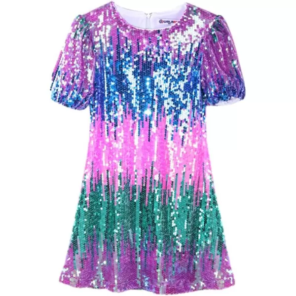 WELAKEN Girls Ombre Sequin Dress Sparkly Fancy Short Puff Sleeves Gradient Party DressGradient blue