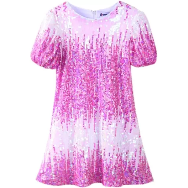 WELAKEN Girls Ombre Sequin Dress Sparkly Fancy Short Puff Sleeves Gradient Party DressGradient hot Pink