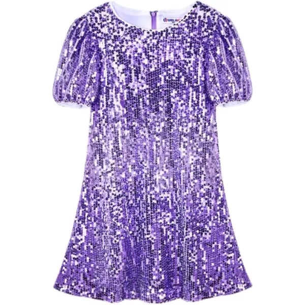 WELAKEN Girls Ombre Sequin Dress Sparkly Fancy Short Puff Sleeves Gradient Party DressGradient purple