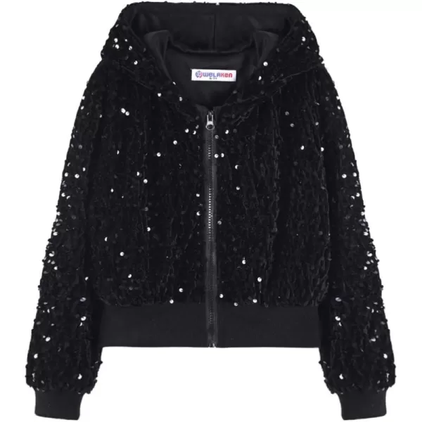 WELAKEN Girls Sequin Jacket for Kids Glitter Long Sleeve Zipper Cropped Bomber JacketBlack