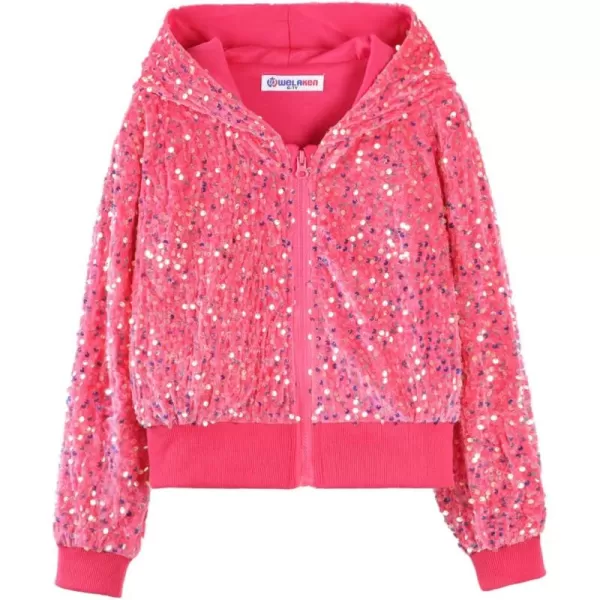 WELAKEN Girls Sequin Jacket for Kids Glitter Long Sleeve Zipper Cropped Bomber JacketHot Pink