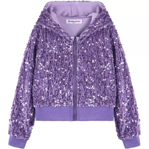 WELAKEN Girls Sequin Jacket for Kids Glitter Long Sleeve Zipper Cropped Bomber JacketPurple