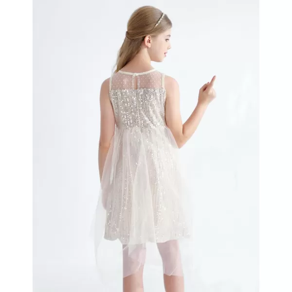Girl Sequin Dress Kids Sparkle Sleeveless Tulle Party Prom Mesh DressChampagne