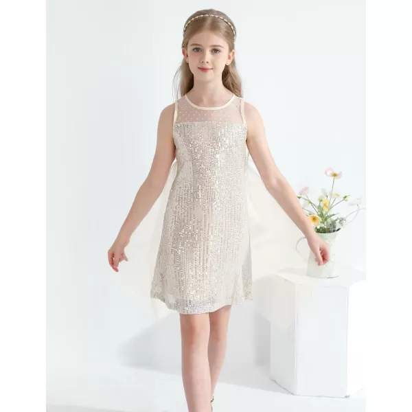 Girl Sequin Dress Kids Sparkle Sleeveless Tulle Party Prom Mesh DressChampagne