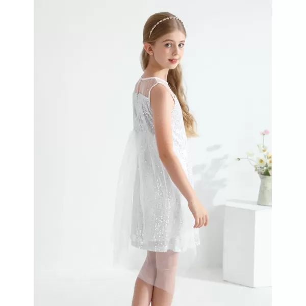 Girl Sequin Dress Kids Sparkle Sleeveless Tulle Party Prom Mesh DressSilver