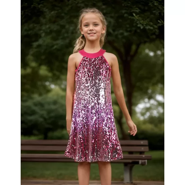 WELAKEN Girls Ombre Sequin Dress for Kid Sparkly Halter Neck Sleeveless Gradient Party Prom DressPink