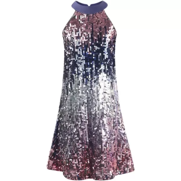 WELAKEN Girls Ombre Sequin Dress for Kid Sparkly Halter Neck Sleeveless Gradient Party Prom DressNavy Blue silver