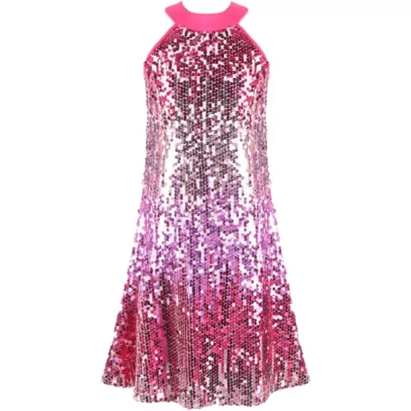 WELAKEN Girls Ombre Sequin Dress for Kid Sparkly Halter Neck Sleeveless Gradient Party Prom DressPink