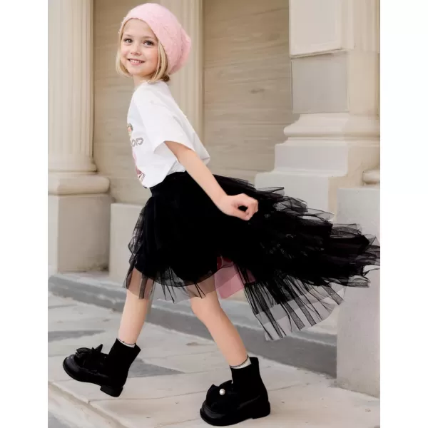 Girls Layered Tutu Skirts Elastic Waist Tulle HighLow Skorts Dance Party OutfitsBlack