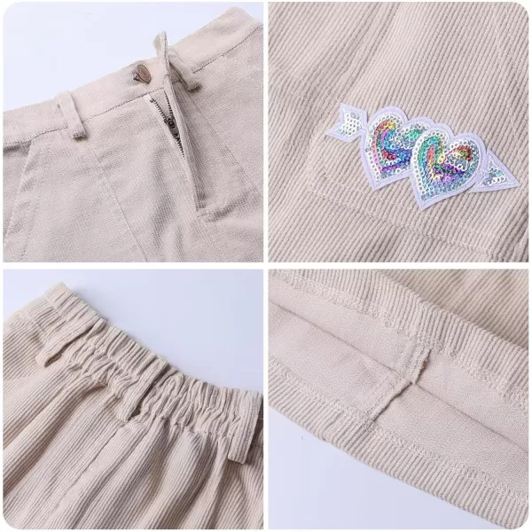 Girls Mini Skirts Love Embroidery Corduroy Shorts Skirt with PocketsBeige
