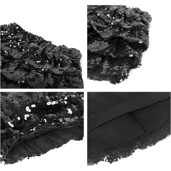 WELAKEN Sparkle Sequin Skirt for Girls Kids Elastic Waist Three Layer Ruffle SkirtBlack