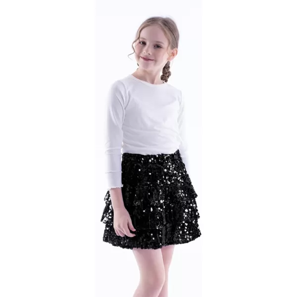 WELAKEN Sparkle Sequin Skirt for Girls Kids Elastic Waist Three Layer Ruffle SkirtBlack