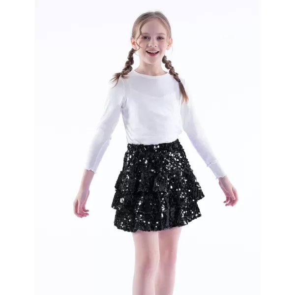 WELAKEN Sparkle Sequin Skirt for Girls Kids Elastic Waist Three Layer Ruffle SkirtBlack