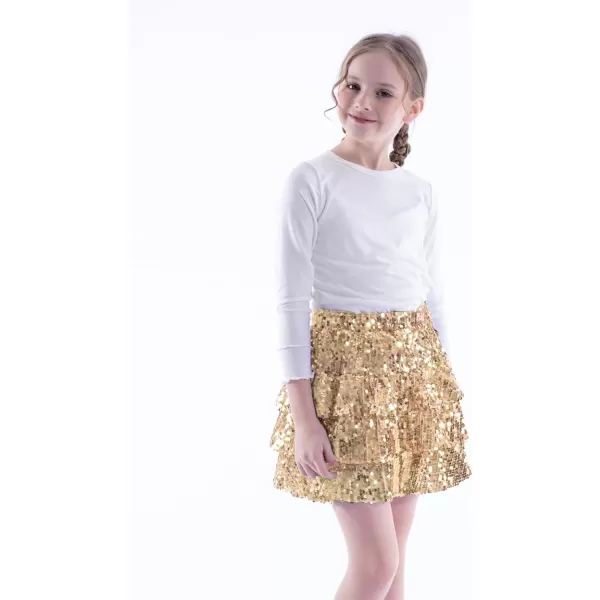 WELAKEN Sparkle Sequin Skirt for Girls Kids Elastic Waist Three Layer Ruffle SkirtGold