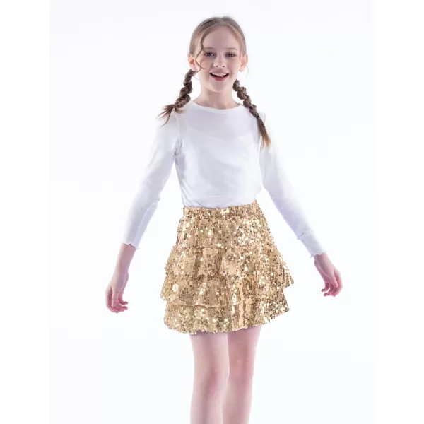 WELAKEN Sparkle Sequin Skirt for Girls Kids Elastic Waist Three Layer Ruffle SkirtGold