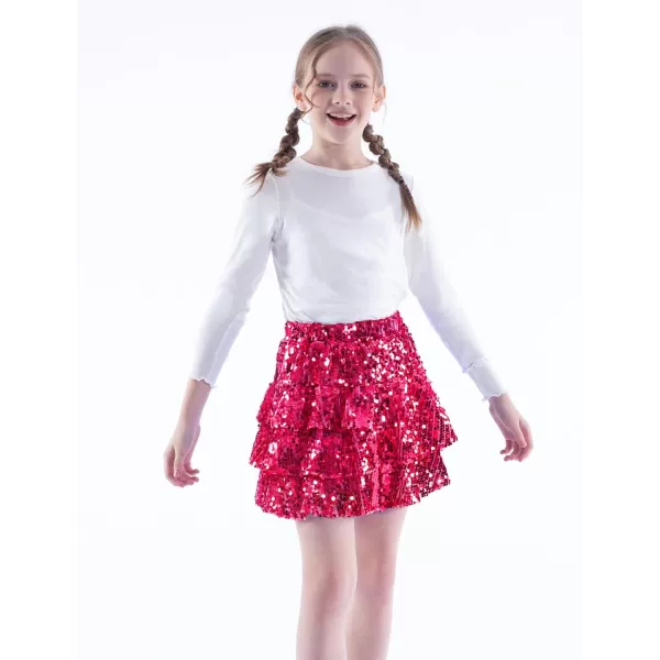 WELAKEN Sparkle Sequin Skirt for Girls Kids Elastic Waist Three Layer Ruffle SkirtHot Pink
