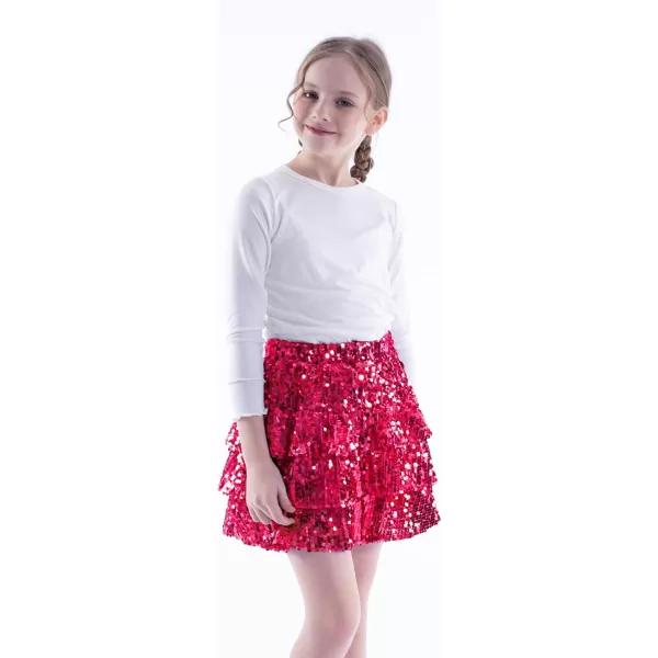 WELAKEN Sparkle Sequin Skirt for Girls Kids Elastic Waist Three Layer Ruffle SkirtHot Pink