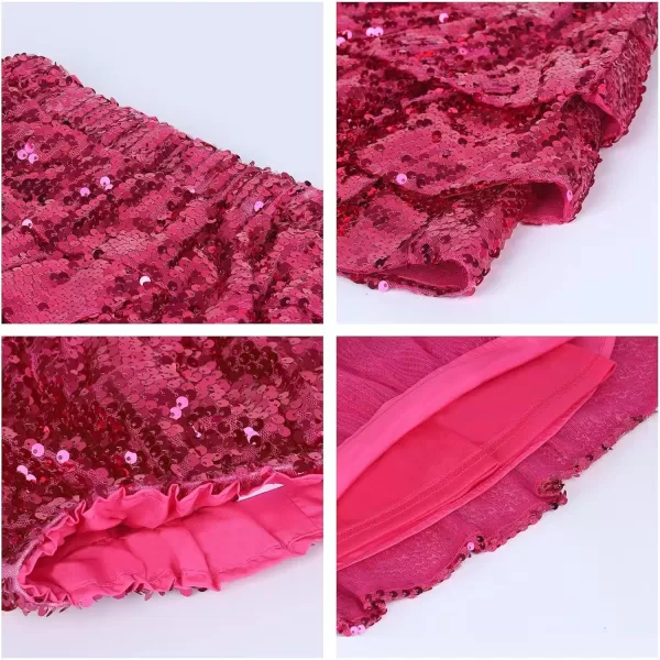 WELAKEN Sparkle Sequin Skirt for Girls Kids Elastic Waist Three Layer Ruffle SkirtHot Pink