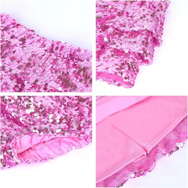 WELAKEN Sparkle Sequin Skirt for Girls Kids Elastic Waist Three Layer Ruffle SkirtPink