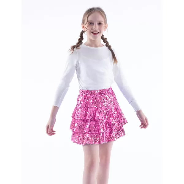 WELAKEN Sparkle Sequin Skirt for Girls Kids Elastic Waist Three Layer Ruffle SkirtPink