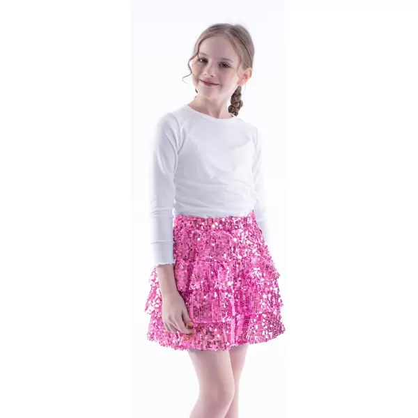 WELAKEN Sparkle Sequin Skirt for Girls Kids Elastic Waist Three Layer Ruffle SkirtPink