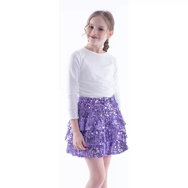 WELAKEN Sparkle Sequin Skirt for Girls Kids Elastic Waist Three Layer Ruffle SkirtPurple