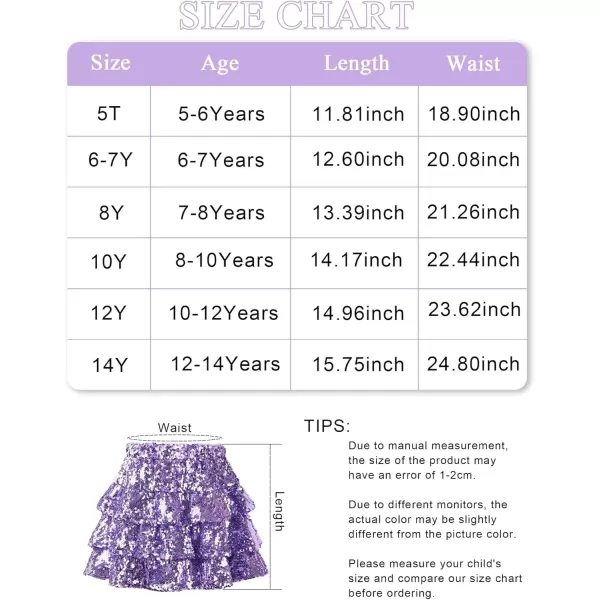 WELAKEN Sparkle Sequin Skirt for Girls Kids Elastic Waist Three Layer Ruffle SkirtPurple