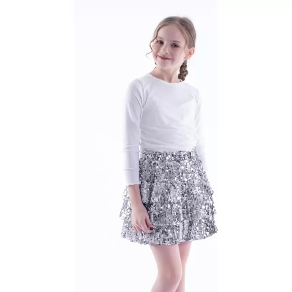 WELAKEN Sparkle Sequin Skirt for Girls Kids Elastic Waist Three Layer Ruffle SkirtSilver
