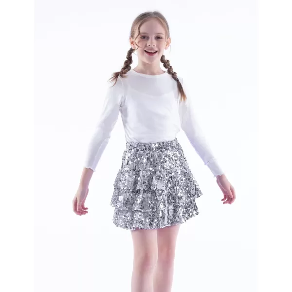 WELAKEN Sparkle Sequin Skirt for Girls Kids Elastic Waist Three Layer Ruffle SkirtSilver