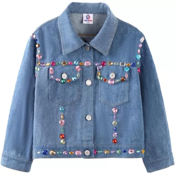WELAKEN Girls Denim Jacket with Rhinestones Kid Toddler Long Sleeve Button Down Jean Jacket512YBlue