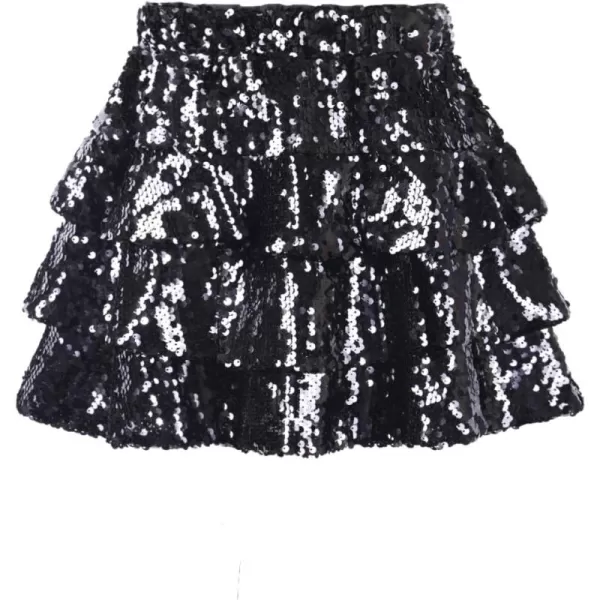 WELAKEN Sparkle Sequin Skirt for Girls Kids Elastic Waist Three Layer Ruffle SkirtBlack