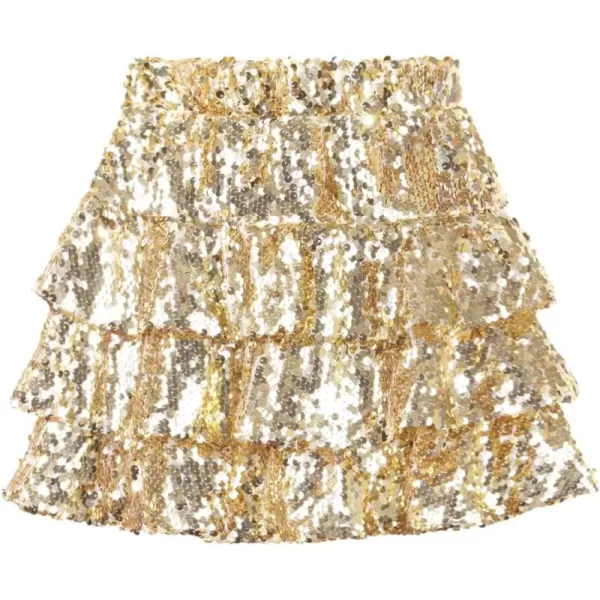 WELAKEN Sparkle Sequin Skirt for Girls Kids Elastic Waist Three Layer Ruffle SkirtGold
