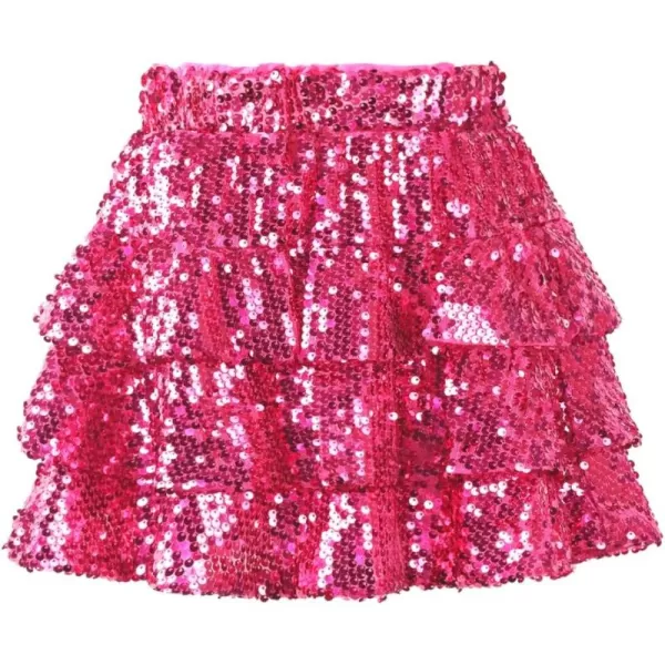 WELAKEN Sparkle Sequin Skirt for Girls Kids Elastic Waist Three Layer Ruffle SkirtHot Pink