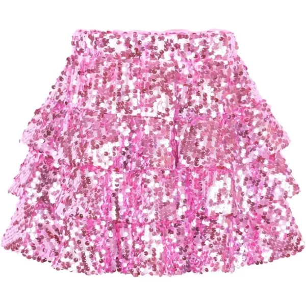 WELAKEN Sparkle Sequin Skirt for Girls Kids Elastic Waist Three Layer Ruffle SkirtPink